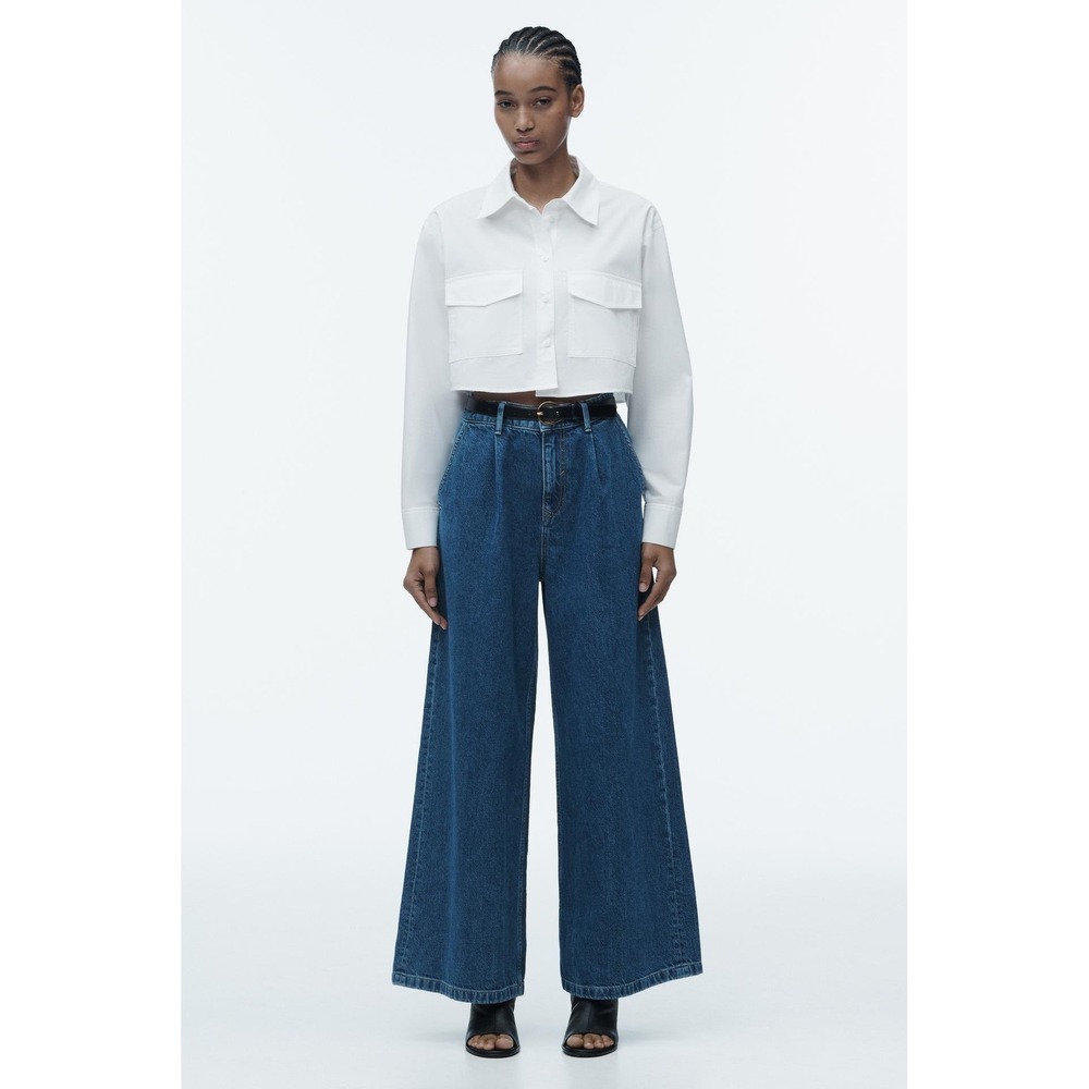 Zara Womens High Waisted Wide Leg Pleated Jeans